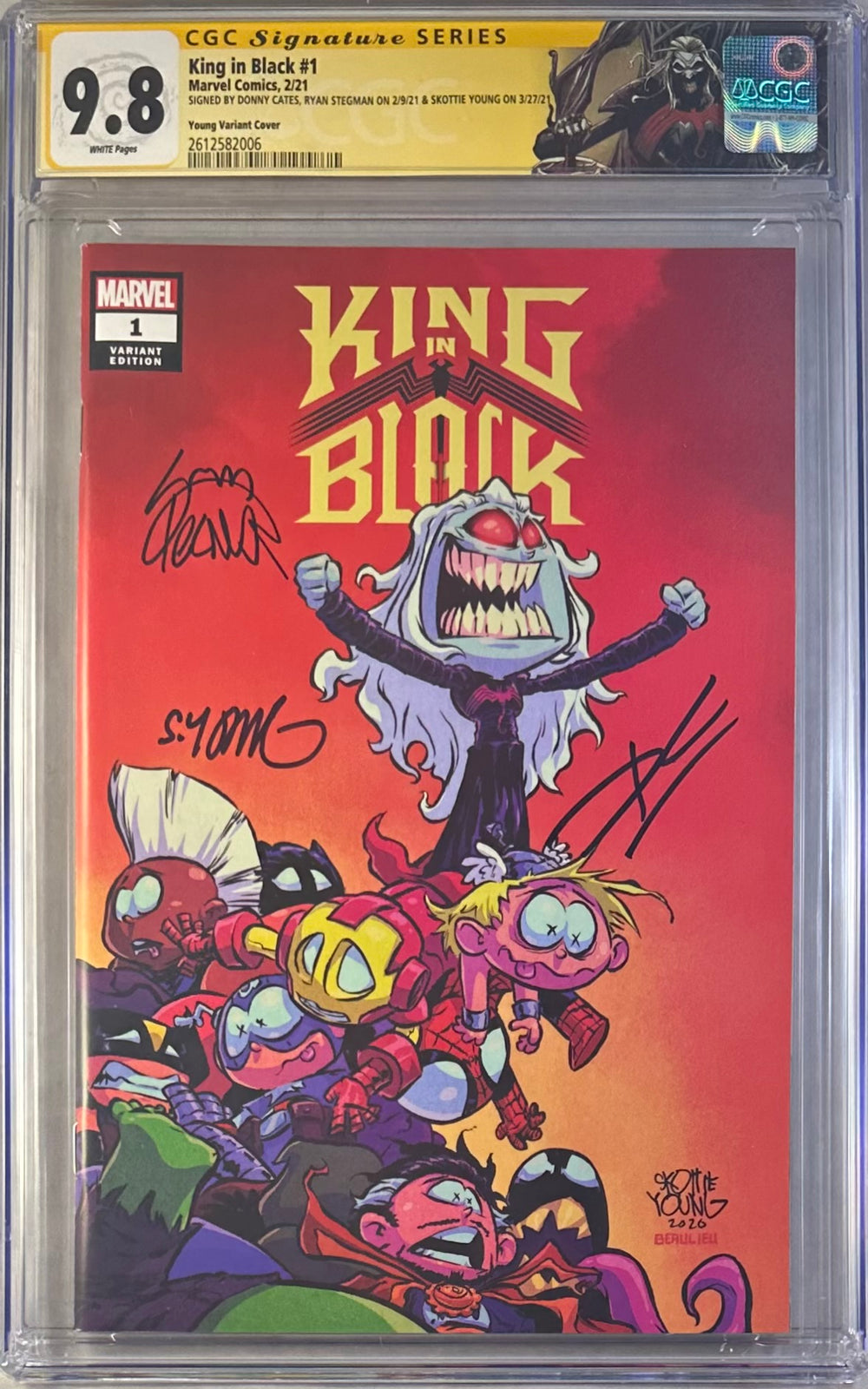 KING IN BLACK #1 YOUNG VARIANT COVER CGC SS 9.8 SIGNED BY SKOTTIE YOUNG, DONNY CATES & RYAN STEGMAN