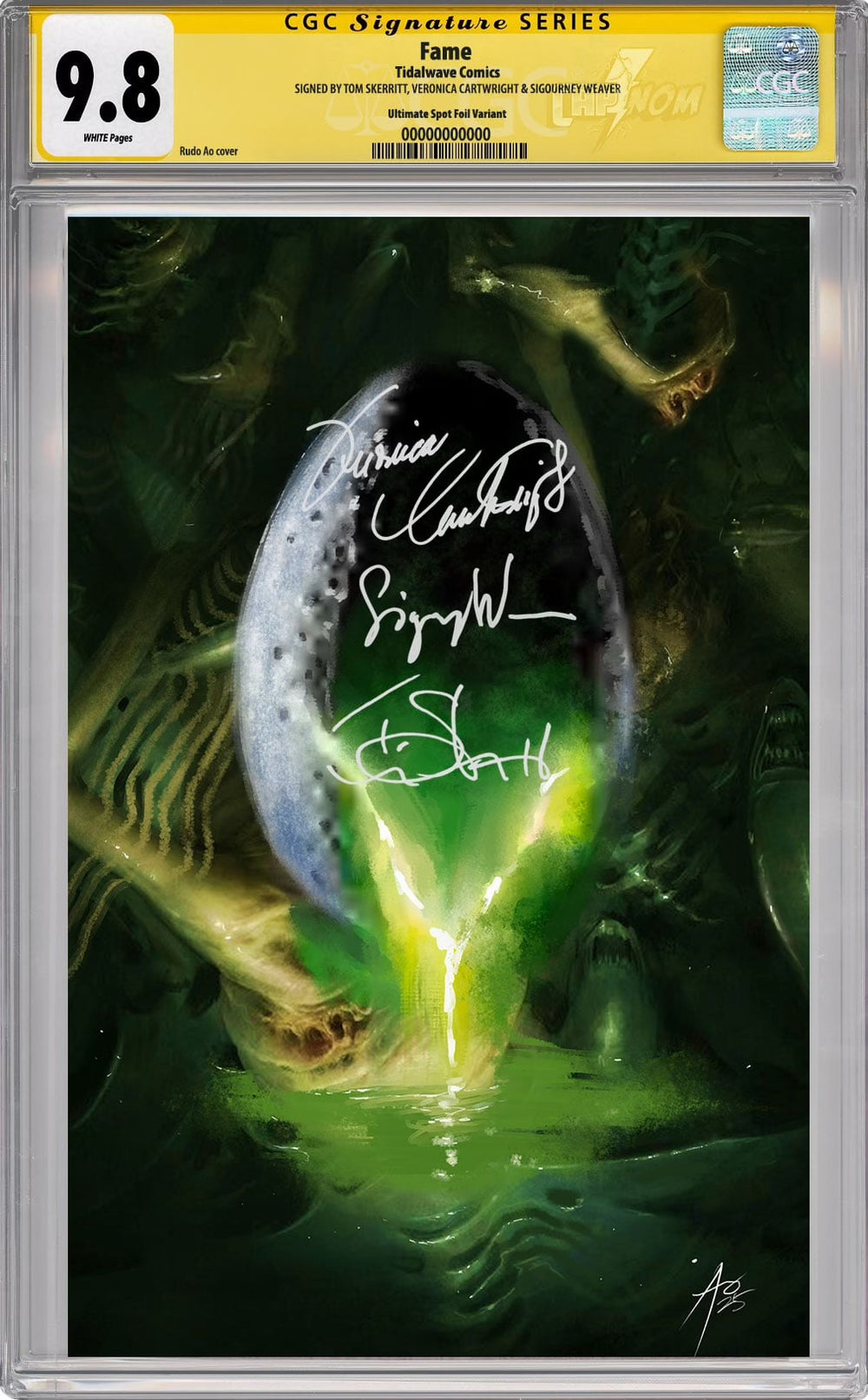 FAME: SIGOURNEY WEAVER “EGG” ULTIMATE SPOT FOIL EDTION CGC SS 9.8 SIGNED BY TOM SKERRITT, VERONICA CARTWRIGHT & SIGOURNEY WEAVER