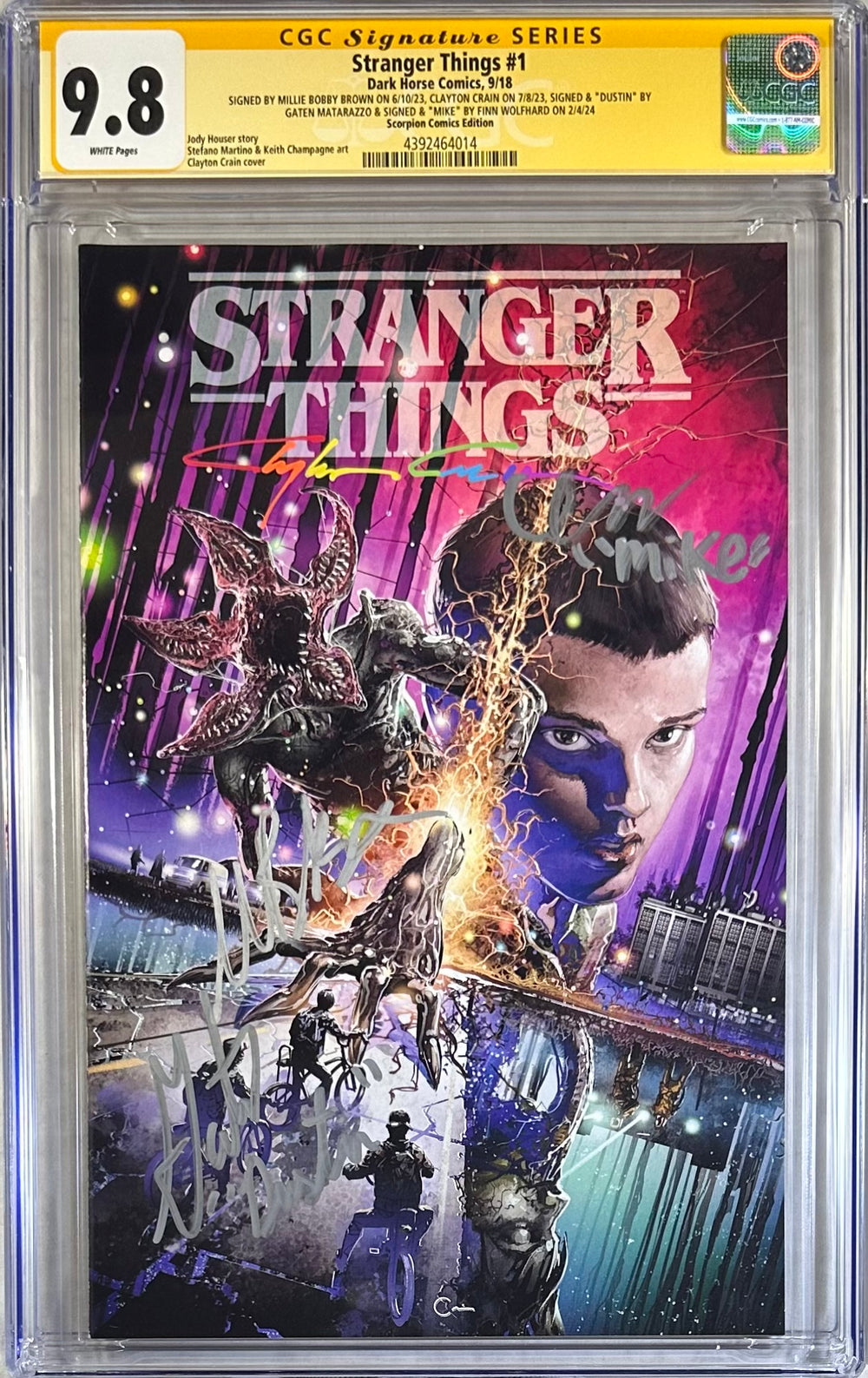 STRANGER THINGS #1 SCORPION COMICS EDITION CGC SS 9.8 SIGNED BY CLAYTON CRAIN, MILLIE BOBBY BROWN, GATEN MATARAZZO & FINN WOLFHARD