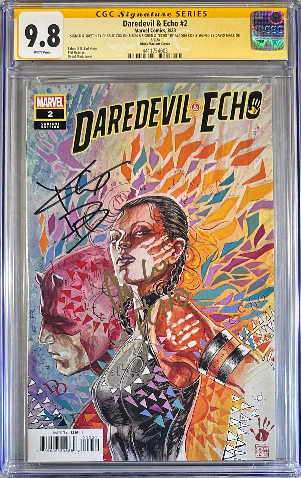 DAREDEVIL & ECHO #2 MACK VARIANT COVER CGC SS 9.8 SIGNED BY CHARLIE COX, ALAQUA COX & DAVID MACK