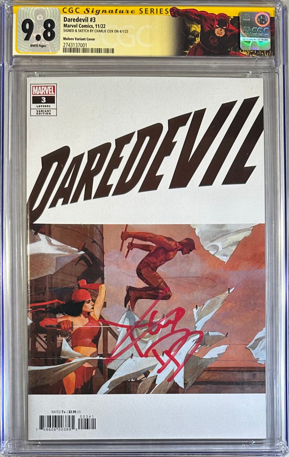 DAREDEVIL #3 MALEEV VARIANT COVER CGC SS 9.8 SIGNED BY CHARLIE COX