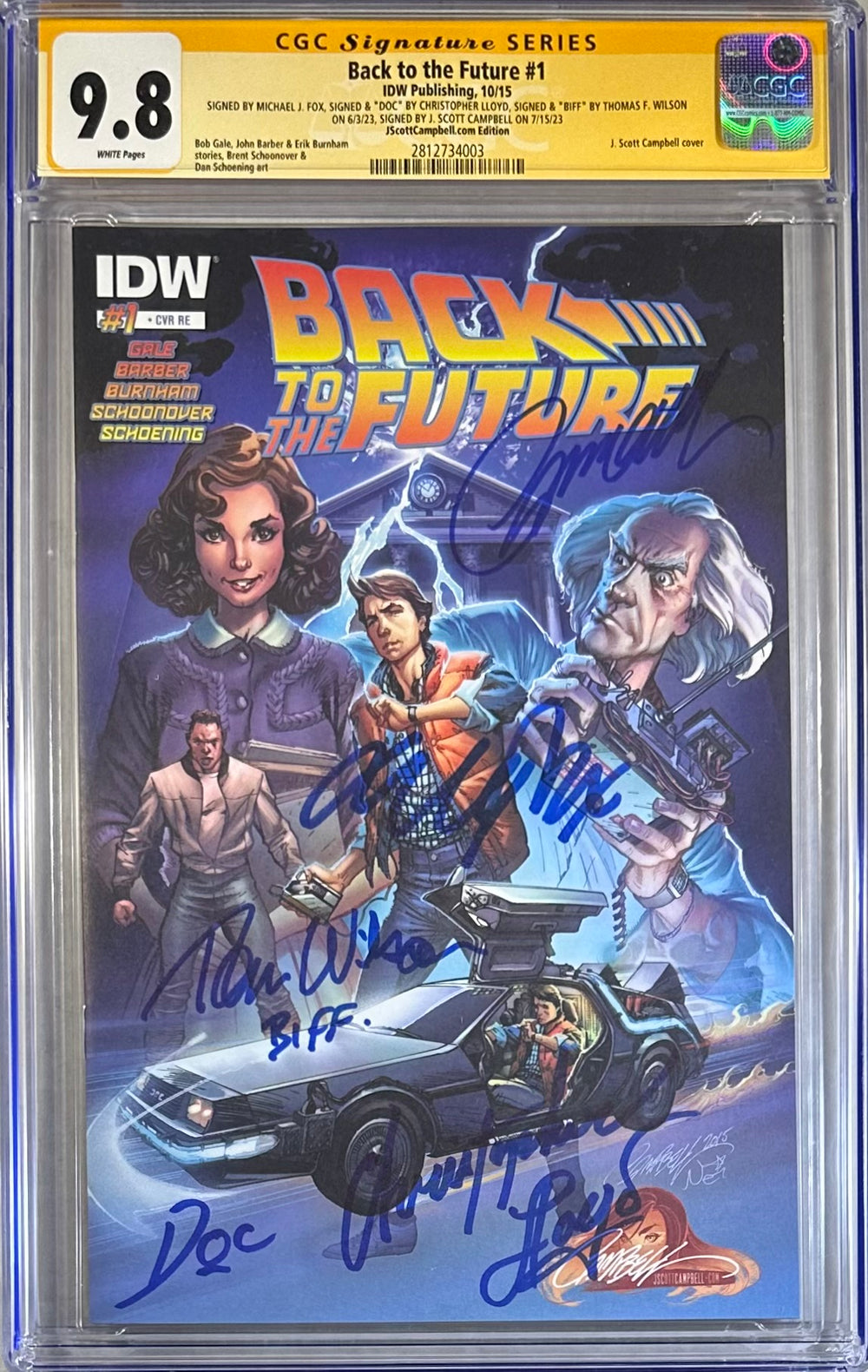 BACK TO THE FUTURE #1 JSCOTTCAMPBELL.COM  EDITION CGC SS 9.8 SIGNED BY J SCOTT CAMPBELL, CHRISTOPHER LLOYD, THOMAS F. WILSON, & MICHAEL J. FOX