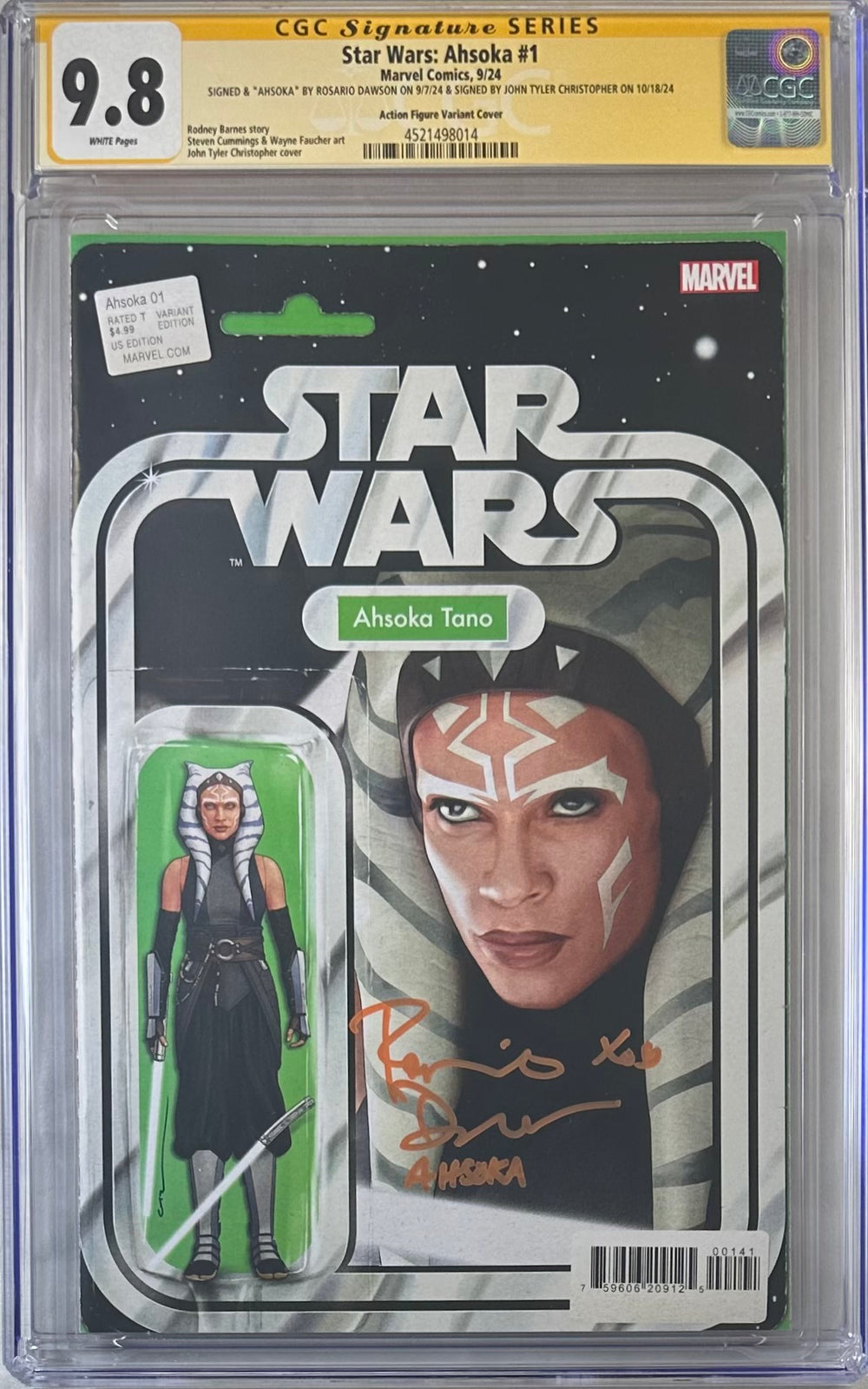 STAR WARS: AHSOKA #1 ACTION FIGURE VARIANT COVER CGC SS 9.8 SIGNED BY ROSARIO DAWSON & JOHN TYLER CHRISTOPHER