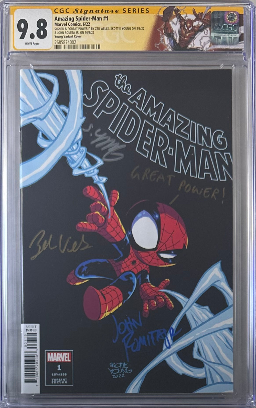 AMAZING SPIDER-MAN #1 YOUNG VARIANT COVER CGC SS 9.8 SIGNED BY ZEB WELLS, SKOTTIE YOUNG & JOHN ROMITA JR