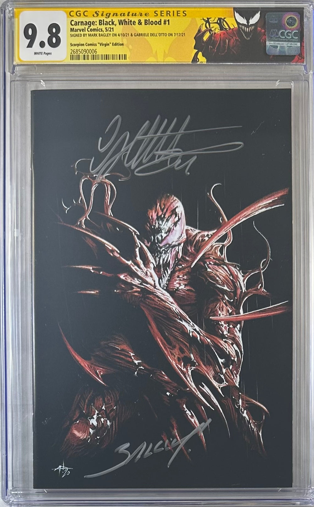 CARNAGE: BLACK, WHITE & BLOOD #1 “VIRGIN” EDITION CGC SS 9.8 SIGNED BY GABRIELE DELL’OTTO & MARK BAGLEY