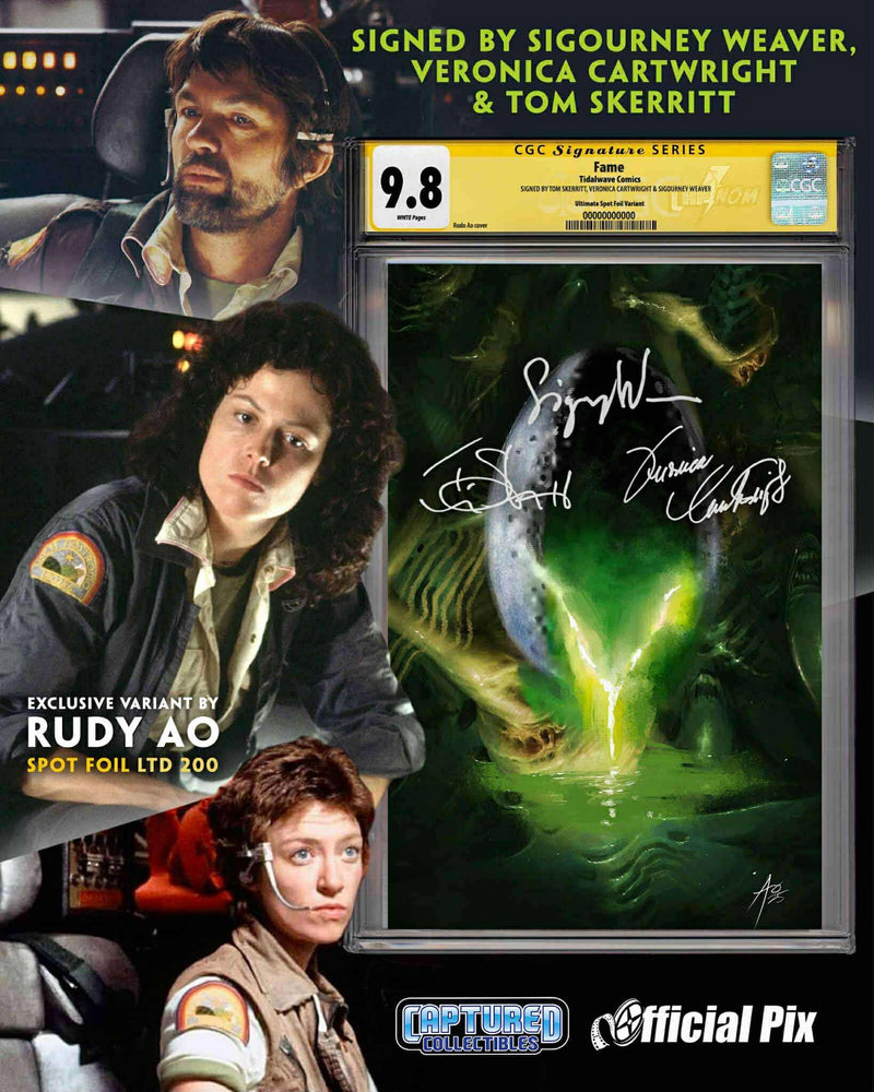 
                  
                    FAME: SIGOURNEY WEAVER “EGG” ULTIMATE SPOT FOIL EDTION CGC SS 9.8 SIGNED BY TOM SKERRITT, VERONICA CARTWRIGHT & SIGOURNEY WEAVER
                  
                
